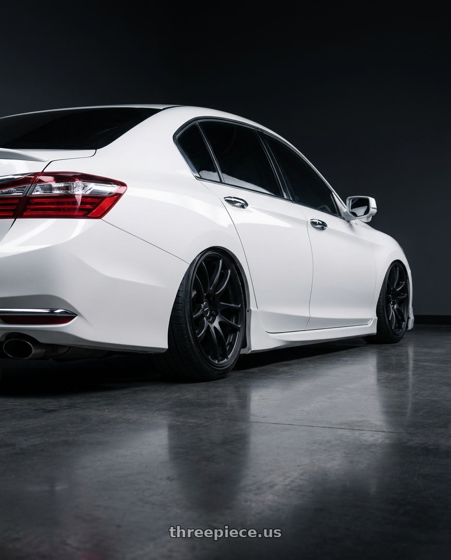 2016 Honda accord with Work Emotion Cr Kiwami 4x100 15x8 +20 Matte Black wheels rear three quarter view slight stretch tires