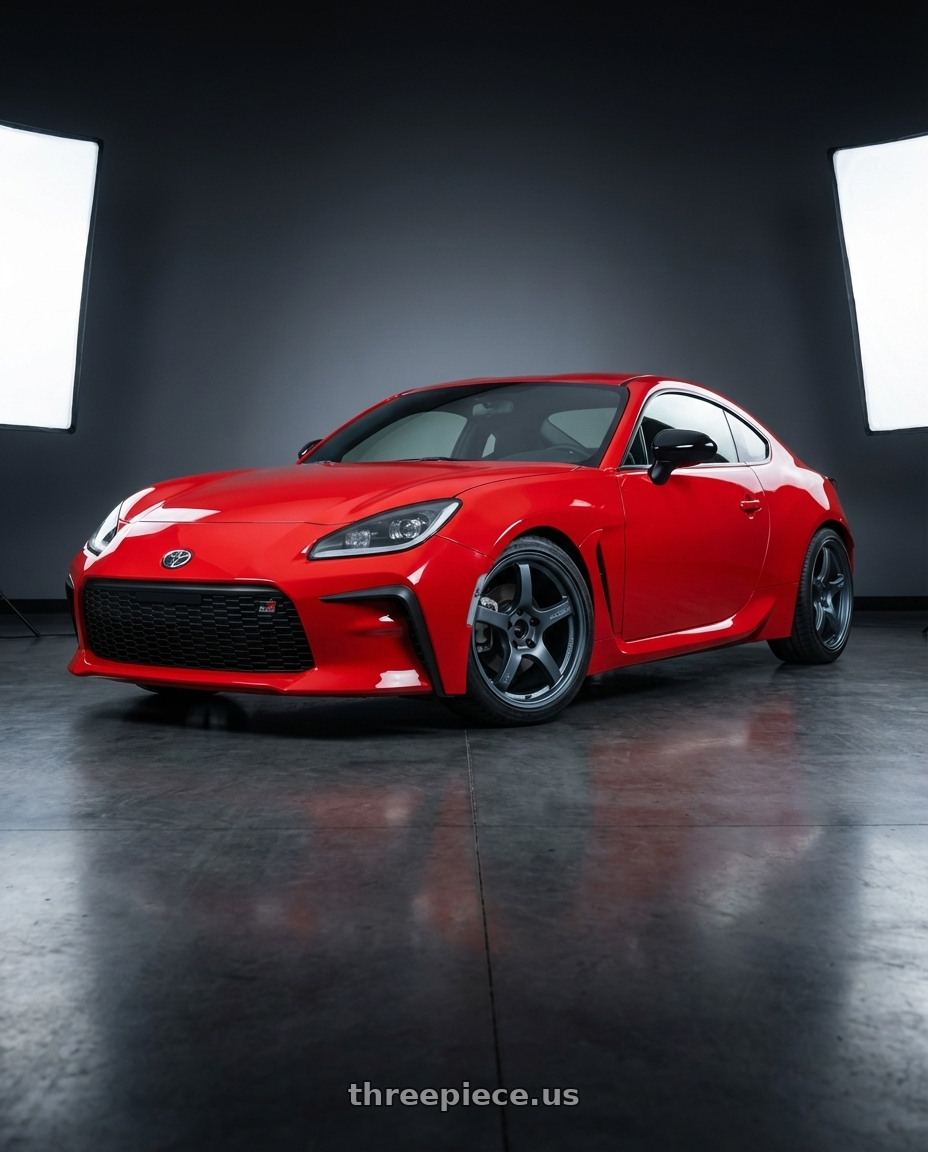 2024 Toyota GR86 with Gram Lights 57CR 5x114.3 18x8.5+50 Gunblue II wheels front three quarter view lowered stance