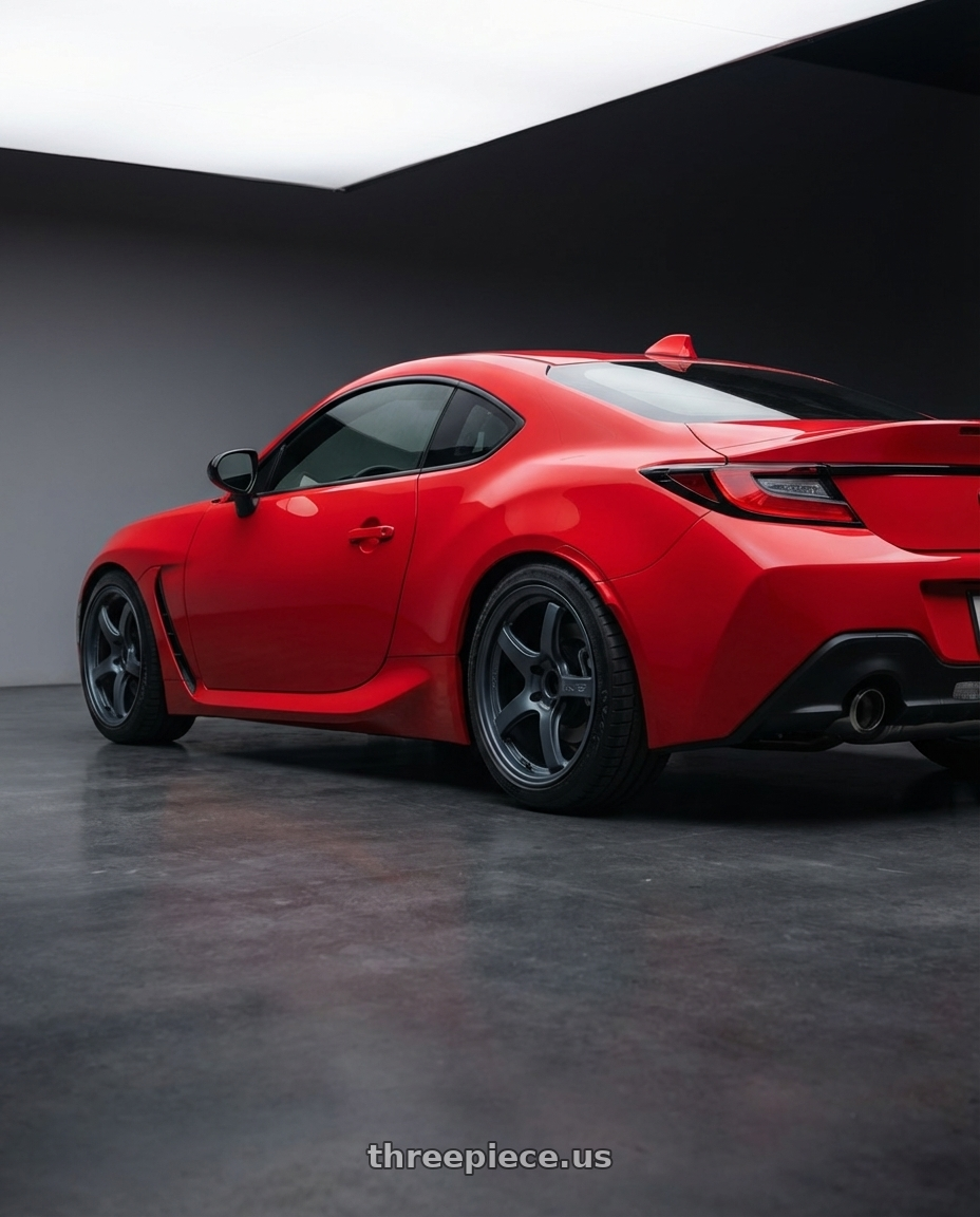 2024 Toyota GR86 with Gram Lights 57CR 5x114.3 18x8.5+50 Gunblue II wheels rear three quarter view square tires