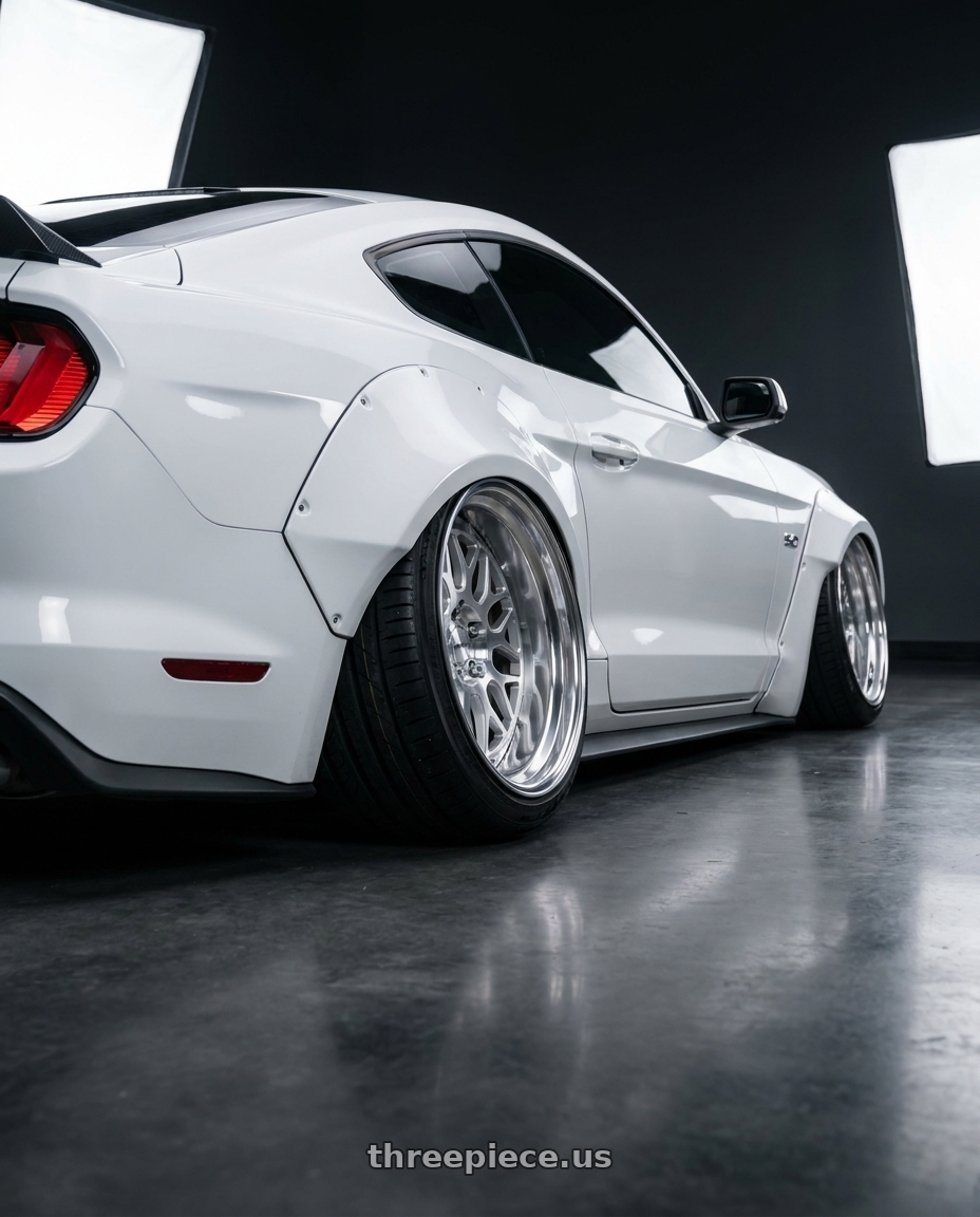 2017 Ford Mustang  with Work Seeker Mx 4x100 18x10.5+22 A Disk Matte Silver Polish wheels rear three quarter view extreme stretch tires