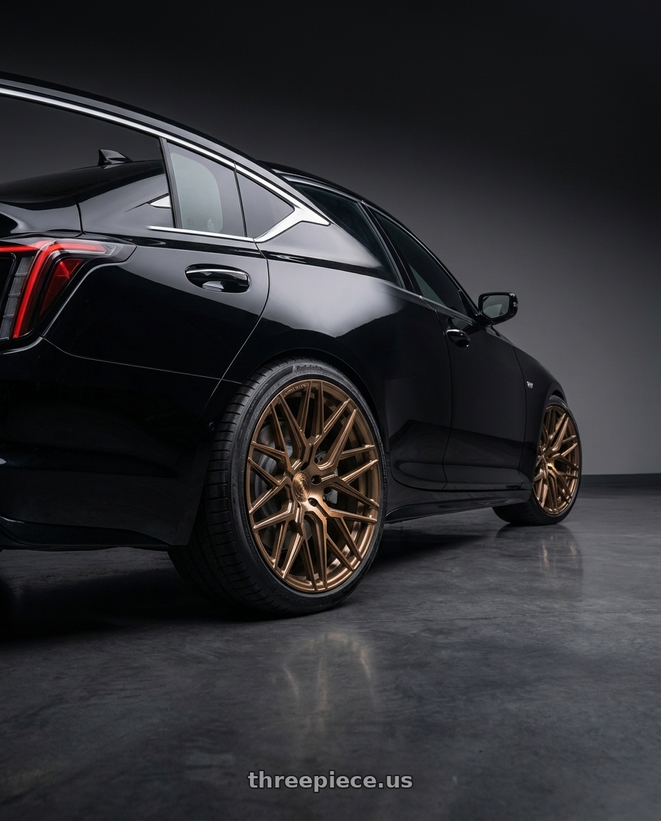 2023 Cadillac CT5 Premium Luxury with Rohana RFX10 5x120 19x8.5+33 Brushed Bronze wheels rear three quarter view square tires