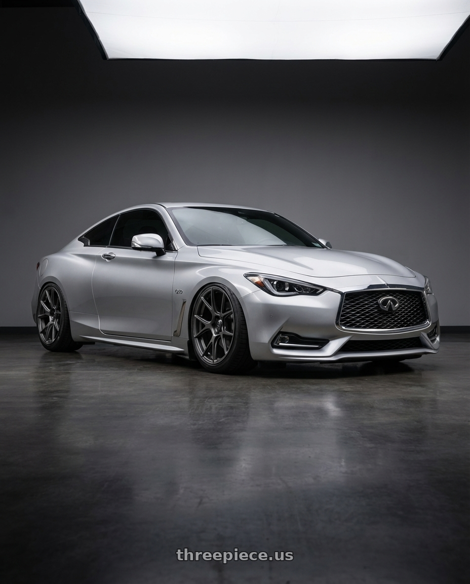 2020 Infiniti Q60 with Konig Ampliform 5x114.3 20x8.5+30 Dark Metallic Graphite wheels front three quarter view stanced stance