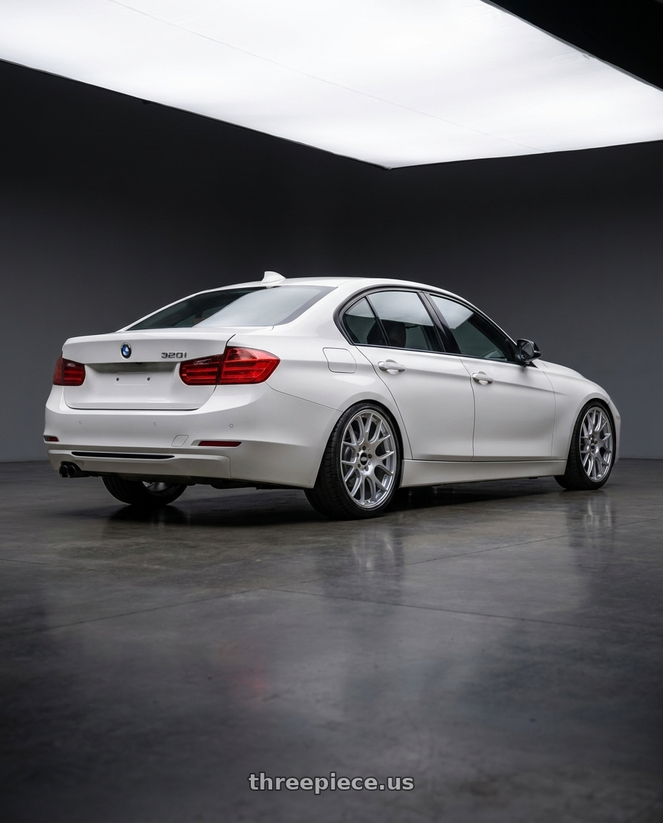 2014 BMW 320i with BBS CH-R 5x112 20x10 +18 Brilliant Silver Polished Rim Protector wheels rear three quarter view slight stretch tires
