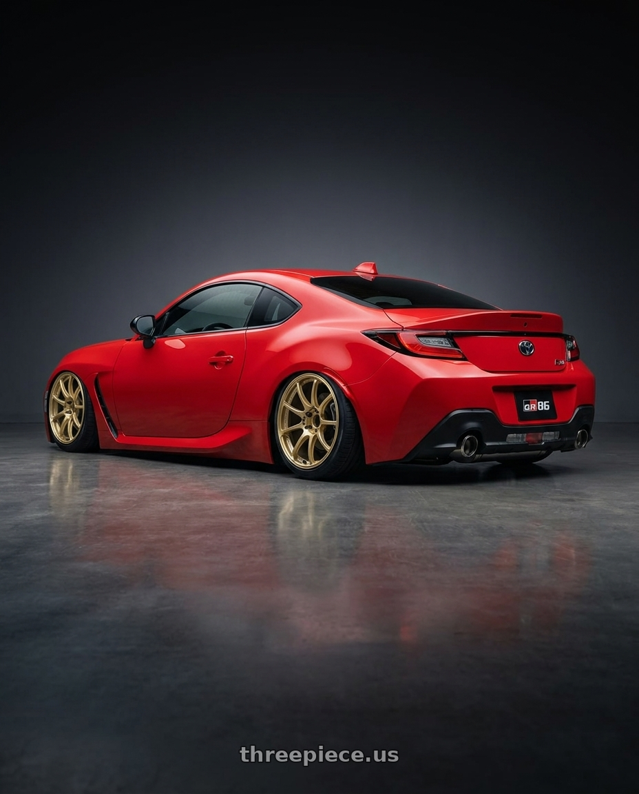 2024 Toyota GR86 with Advan RCIII 5x114.3 18x8.5+38 Gold wheels rear three quarter view slight stretch tires