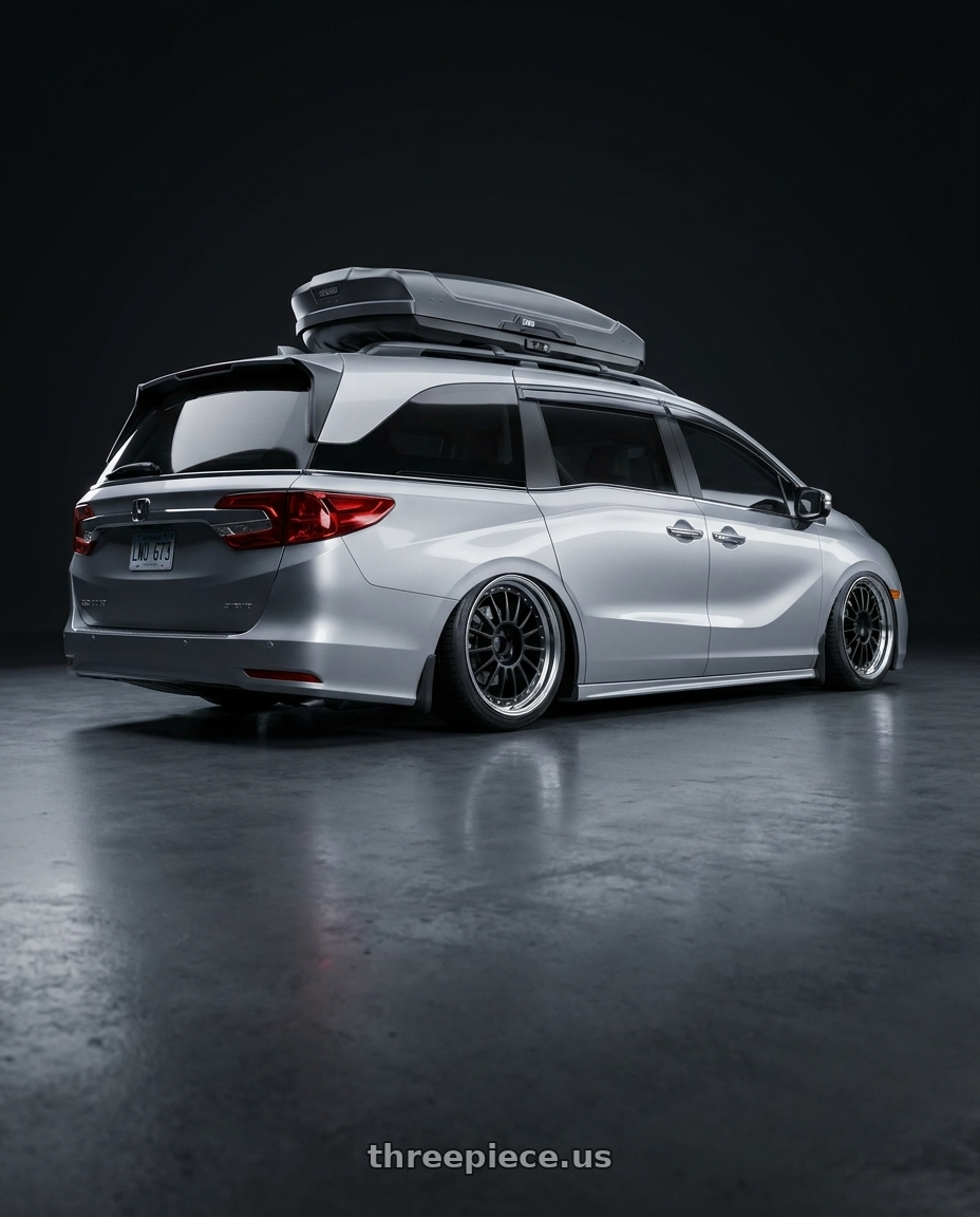 2024 Honda Odyssey with SSR Professor TF1 5x120 20X8+37 NR Disk Flat Black wheels rear three quarter view slight stretch tires