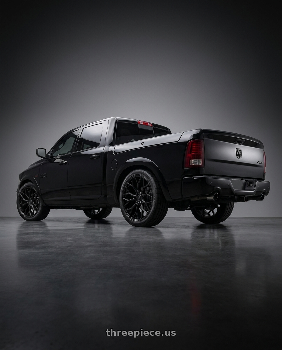 2017 ram 1500 Laramie black with DOLCE PERFORMANCE PISTA 5x112 20x8.5 +35 Gloss Black wheels rear three quarter view square tires