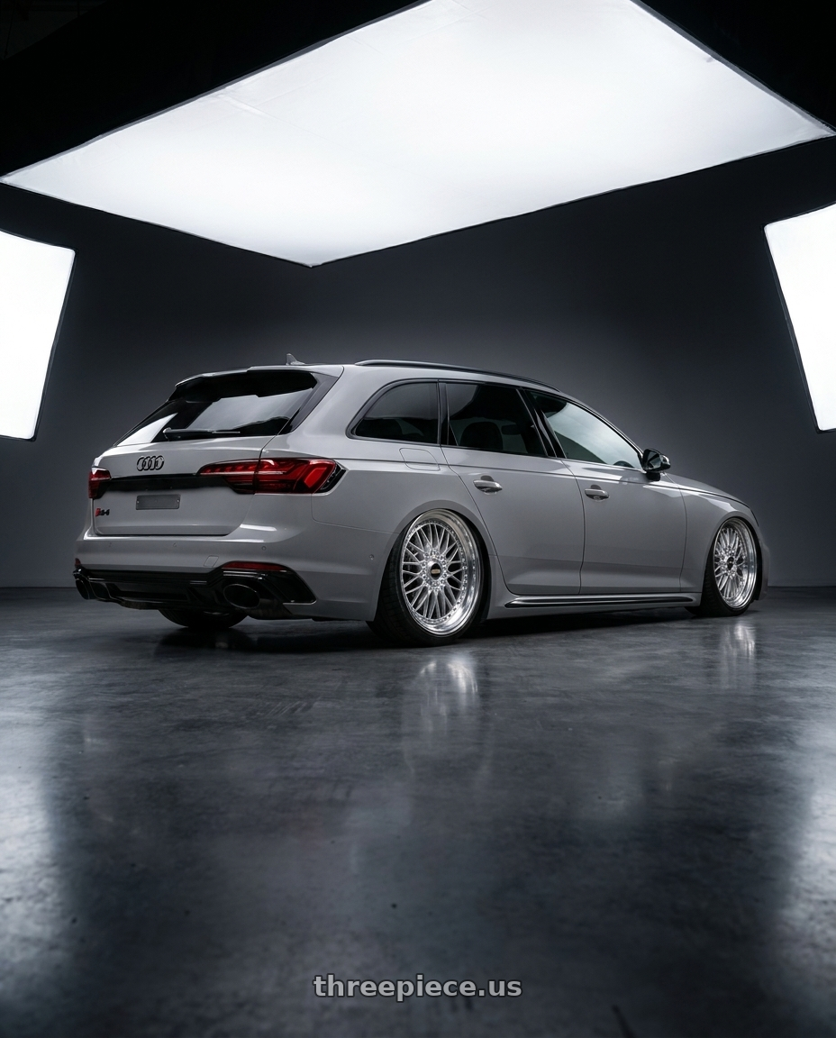 2021 Audi rs4 with BBS Super 5x112 19x9 +28 Diamond Silver wheels rear three quarter view slight stretch tires