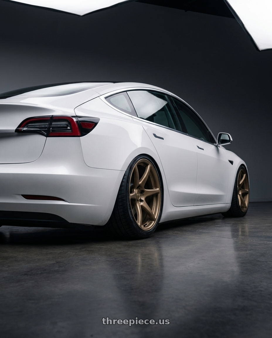 2023 Tesla Model 3 with Kansei K11B Tandem 5x114.3 19x10.5 22 Bronze wheels rear three quarter view slight stretch tires