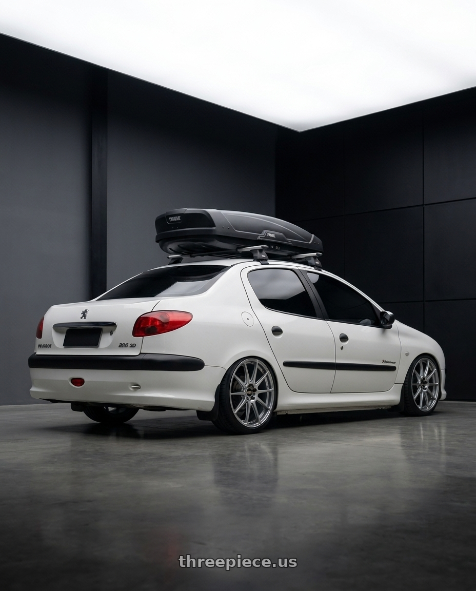 2011 Peugeot 206 SD with BBS FS 5x112 19x8.5+42 Diamond Silver wheels rear three quarter view square tires