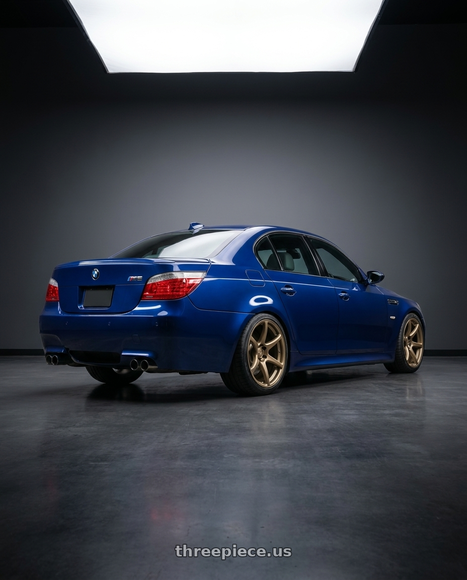 2010 BMW M5 E60 with Kansei K11B Tandem 5X120 19x9.5 22 Bronze wheels rear three quarter view square tires