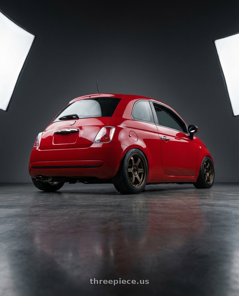 2010 Fiat 500, Red with Volk Racing TE37 SONIC 4x100 15x7+25 wheels rear three quarter view meaty tires