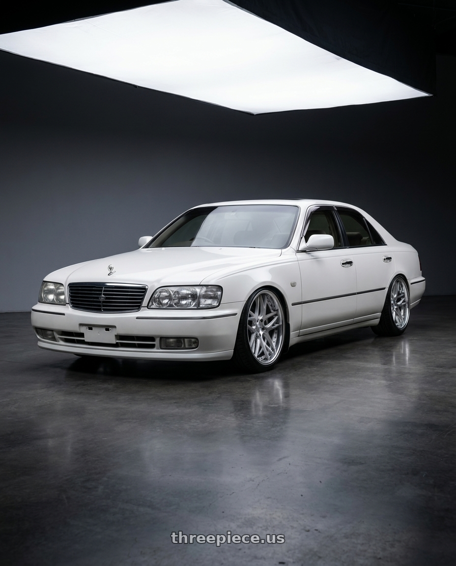 1996 nissan cima white with Work Gnosis Cvx 5x114.3 19x11+0 A Disk Brush Silver Clear wheels