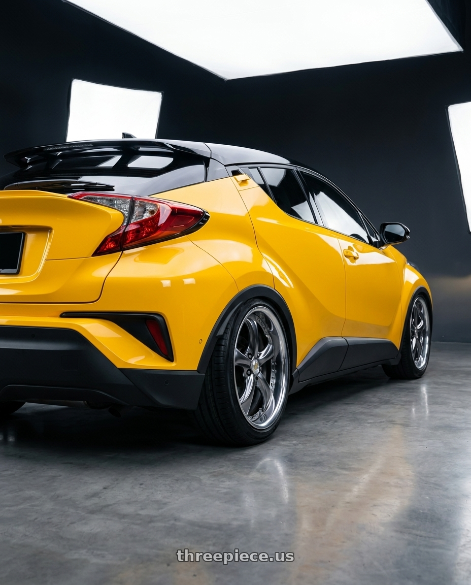 2018 Toyota C-HR Premium Spec Ferrari Yellow with Work Wheels VS-KF 5X114.3 19x9.5+9 Brilliant Silver Black A Disk FULL REVERSE wheels rear three quarter view slight stretch tires