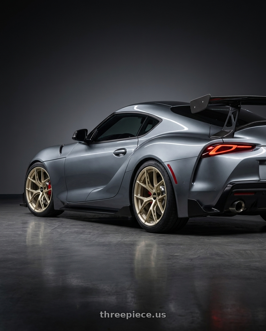 2019 TOYOTA SUPRA with BBS FI-R Evo 5x112 19x9.5+15 White Gold wheels rear three quarter view square tires