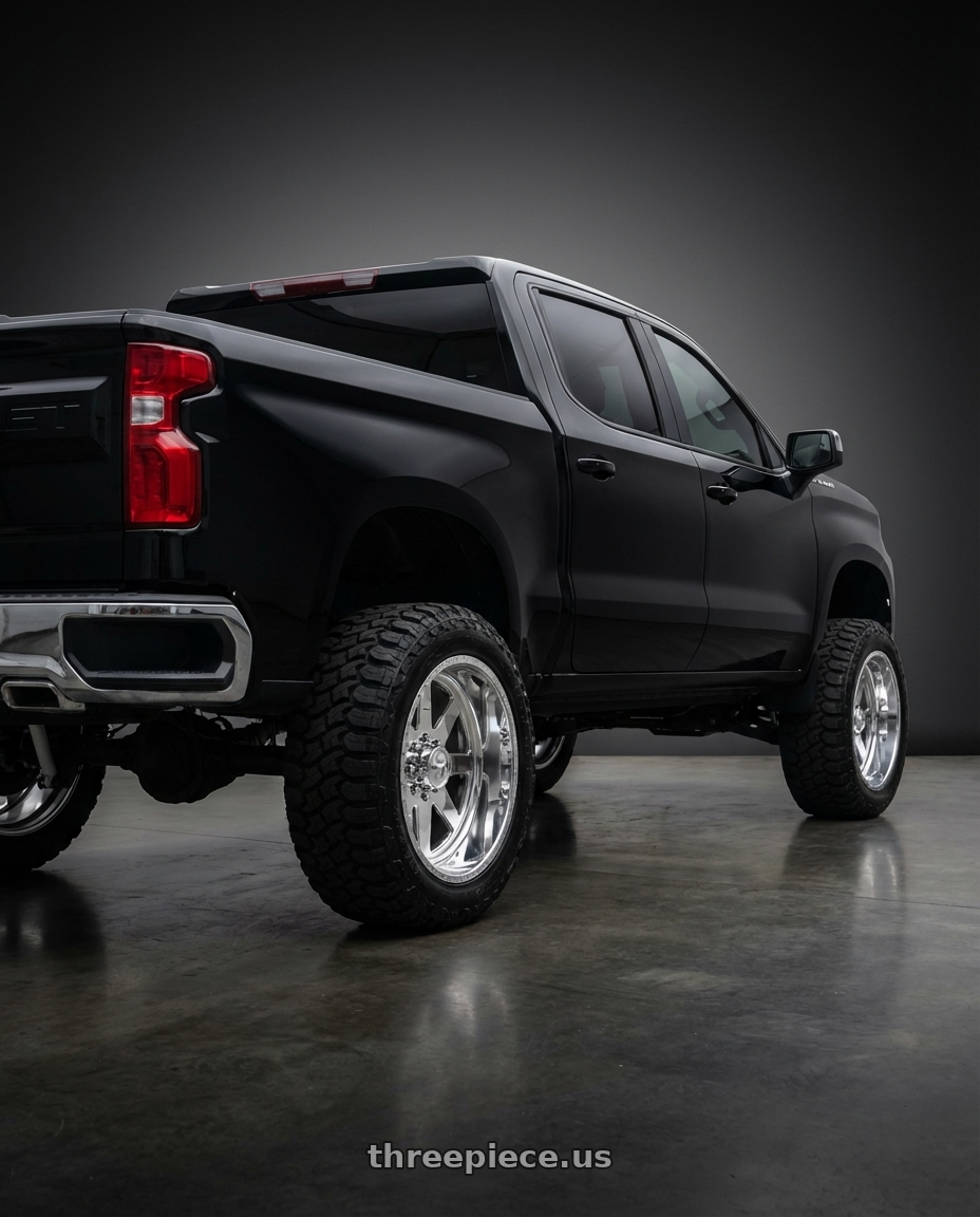 2023 Chevrolet silverado 1500 LT Black with American Force 11 Independence SS 5X127 20X10 -25 POLISHED wheels rear three quarter view square tires