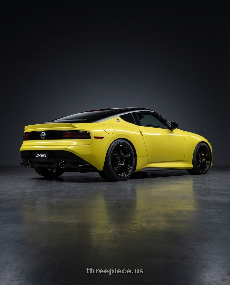 2024 Nissan Z with Gram Lights 57CR 5x114.3 19x9.5+45 Glossy Black wheels rear three quarter view square tires