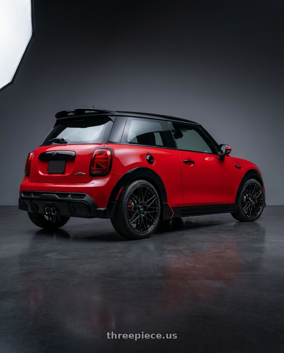 2025 mini jcw red with Enkei TMS 5x112 18x8+45 Gloss Black wheels rear three quarter view square tires