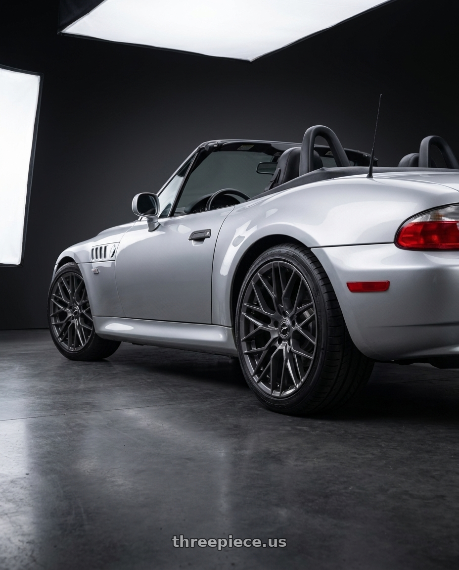 2001 BMW Z3 3.0i with Platinum 459GN Retribution 5X120 17x8 +35 Gloss Gun Metal Grey wheels rear three quarter view square tires