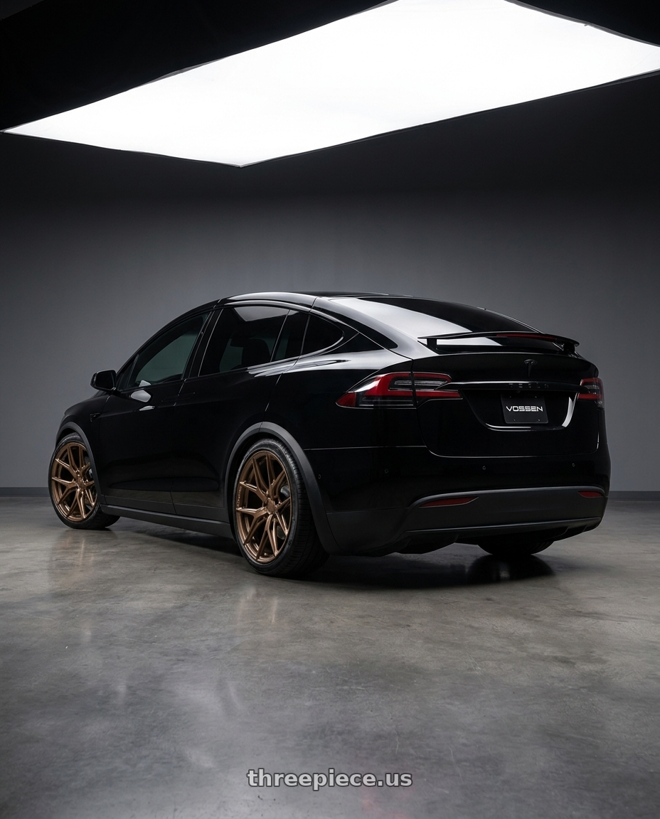 2018 TESLA MODEL X with VOSSEN HF6-4 6X135 22x9.5 +20 TERRA BRONZE wheels rear three quarter view square tires