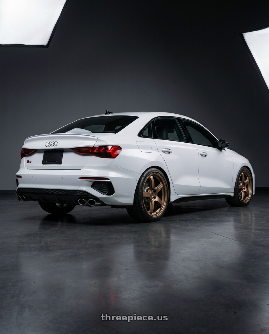 2024 Audi S3 8Y with Gram Lights 57CR 5x112 19x9.5+25 Bronze II wheels rear three quarter view square tires