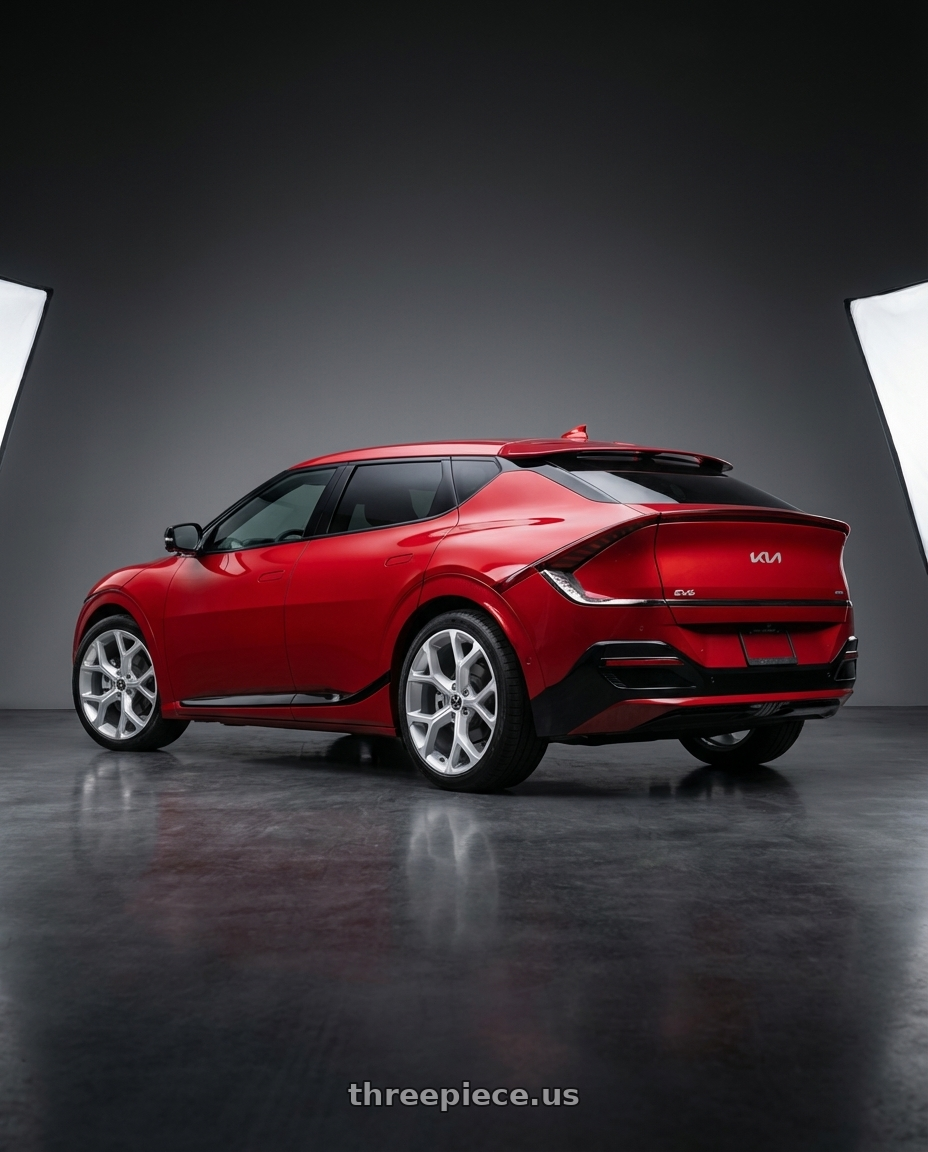 2024 kia ev6 with Xcess 5 Flake 5x120 20x8.5 +35 Silver Machined wheels rear three quarter view square tires