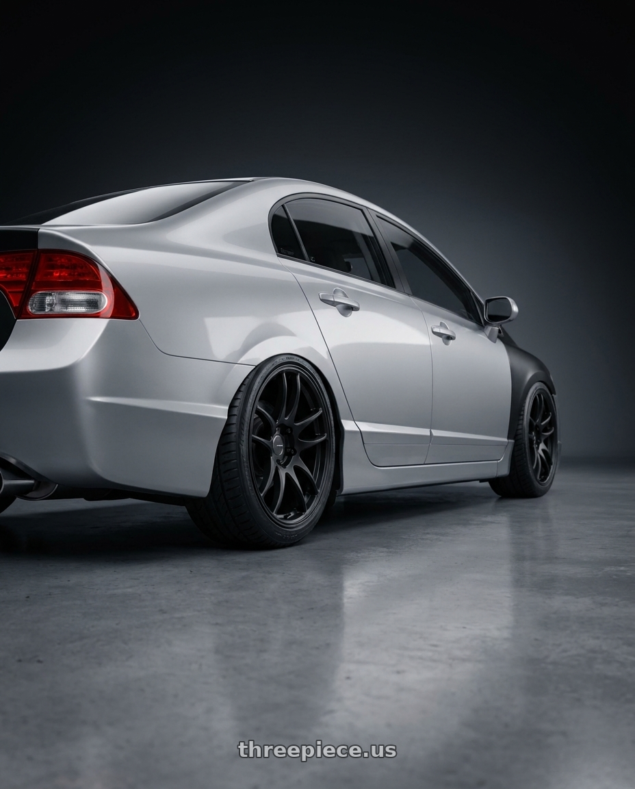 2009 Honda civic si with Work Emotion Cr Kiwami 5x114.3 17x8 +35 Matte Black wheels rear three quarter view slight stretch tires
