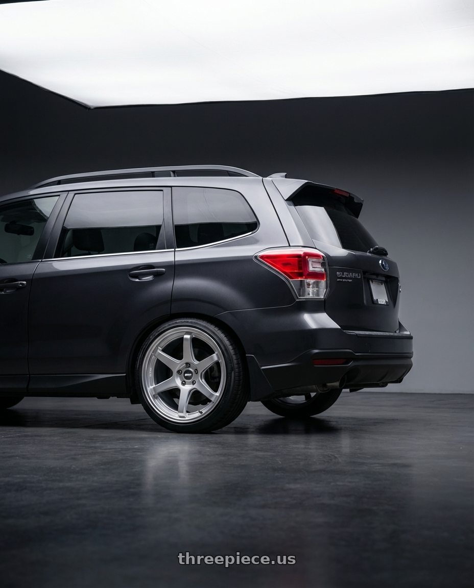 2017 Subaru Forester XT Dark Metallic Grey with ESR Wheels APEX SERIES AP6 5x114.3 19x9.5 +22 Hyper Silver wheels rear three quarter view slight stretch tires