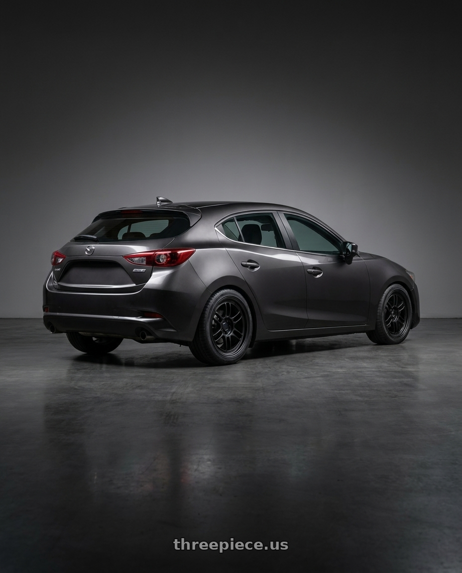 2017 Mazda Mazda3 Hatchback Grand with Enkei RPF1 5x114.3 18x7.5+48 Matte Black wheels rear three quarter view square tires