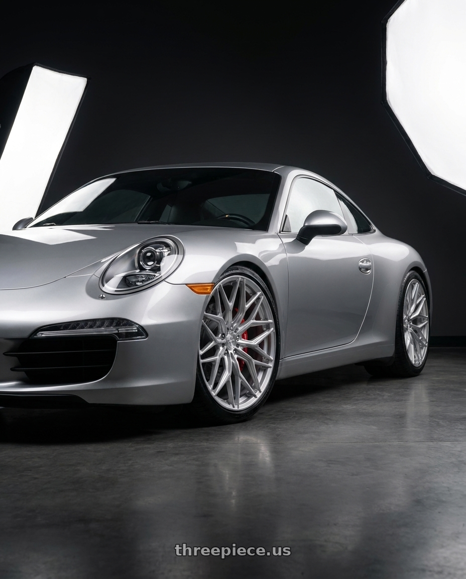 2015 Porsche 911 with AL13 FR80 5x130 21x9 +45 Diamond Silver wheels front three quarter view lowered stance
