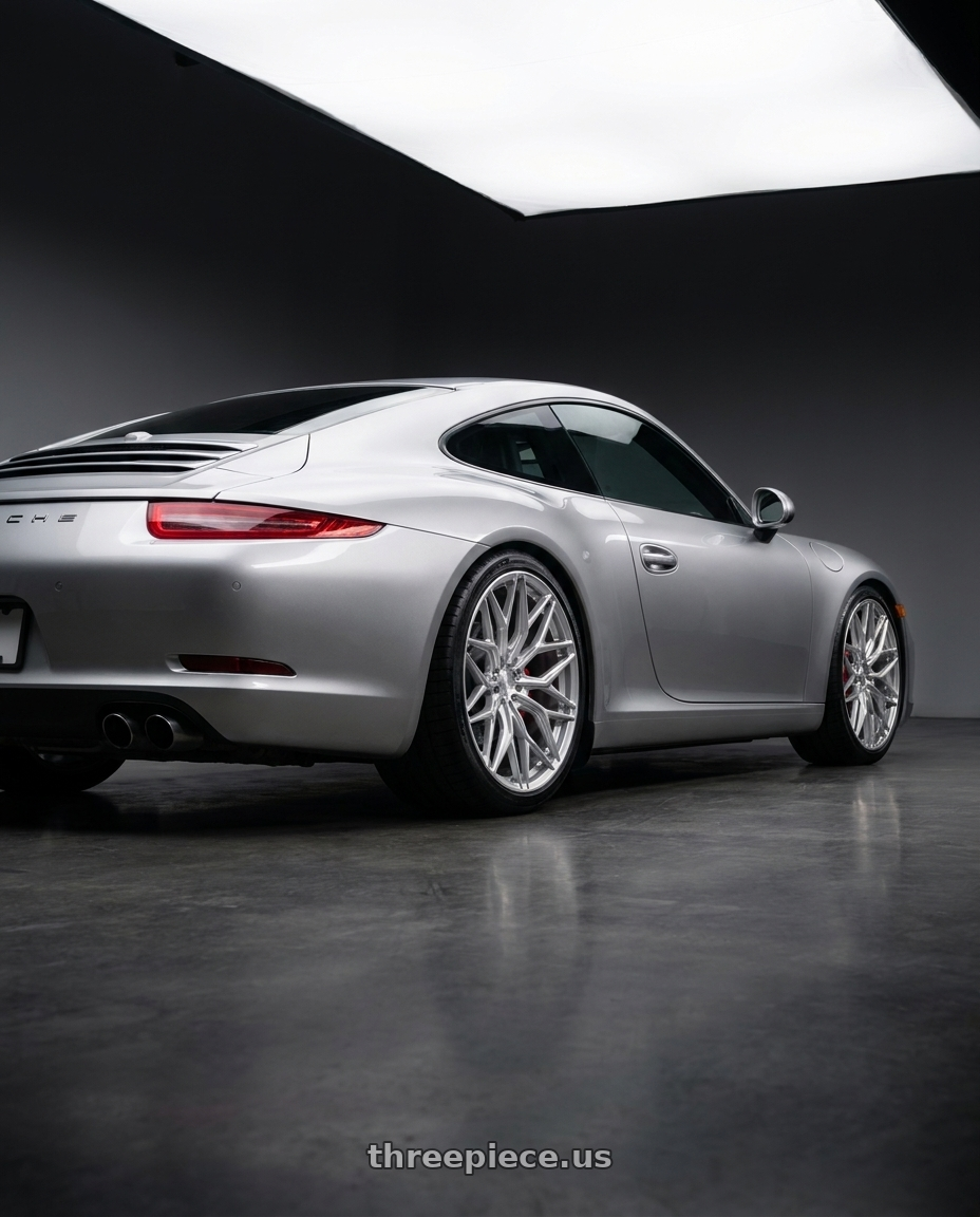 2015 Porsche 911 with AL13 FR80 5x130 21x9 +45 Diamond Silver wheels rear three quarter view square tires
