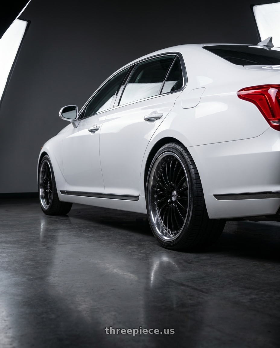 2018 genesis g90 ultimate with TSW SILVERSTONE 5X114.3 20X8.5 +20 GLOSS BLACK W/ MIRROR CUT LIP wheels rear three quarter view square tires