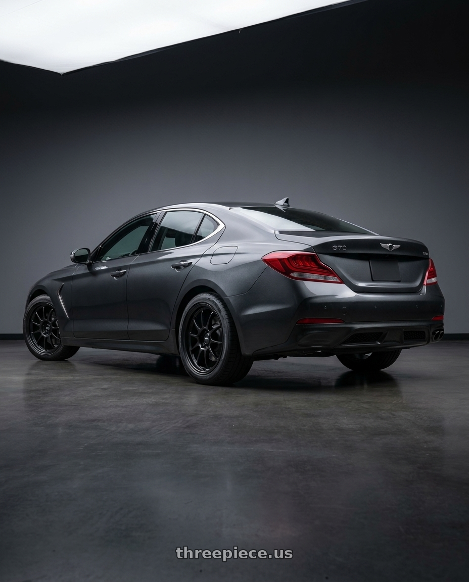 2019 Genesis G70 with Enkei M52 5x100 16x7+38 Black wheels rear three quarter view square tires