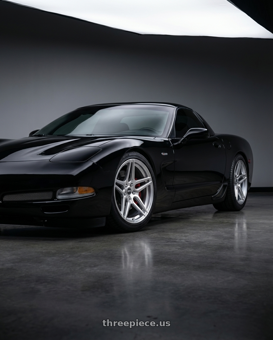 2004 c5 corvette z06 with ESR Wheels FORGETECH SERIES RF15 5x120 19x8.5 +30 Hyper Silver wheels front three quarter view lowered stance