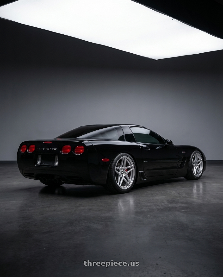 2004 c5 corvette z06 with ESR Wheels FORGETECH SERIES RF15 5x120 19x8.5 +30 Hyper Silver wheels rear three quarter view slight stretch tires