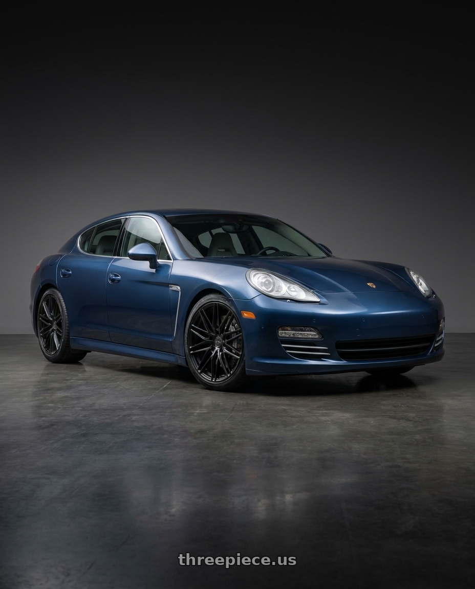 2012 Porsche Panamera with MV Forged MVF2 5x130 21x9 +45 Satin Black wheels front three quarter view lowered stance