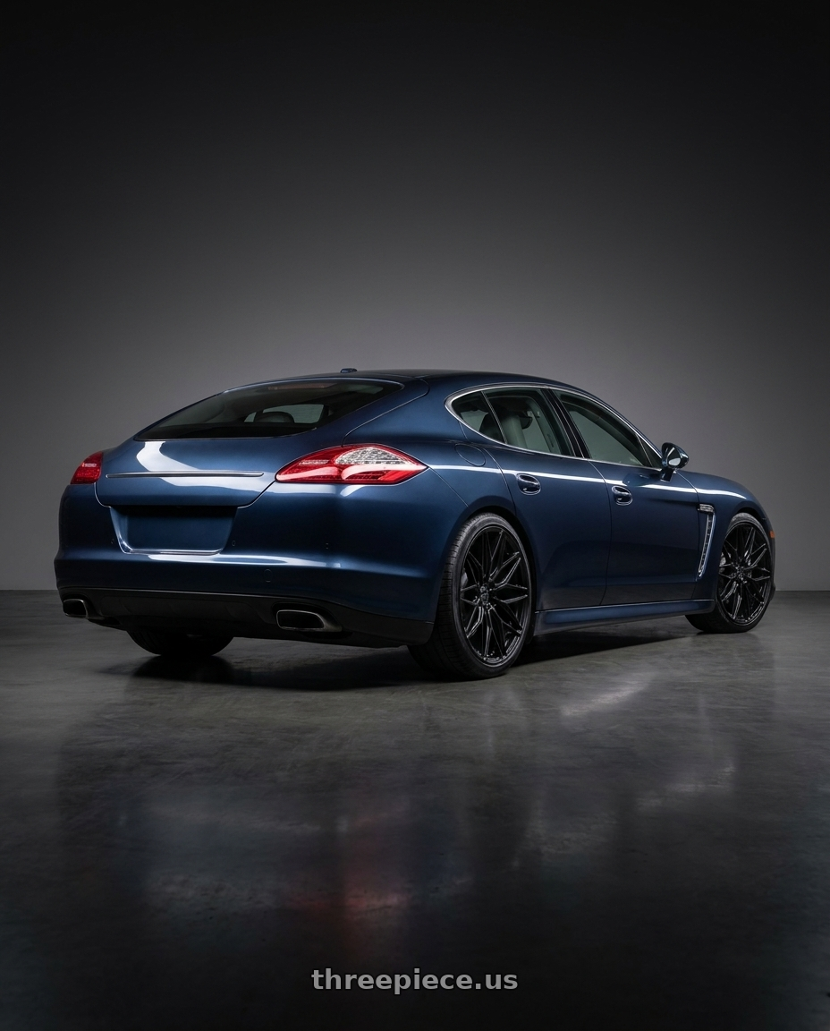 2012 Porsche Panamera with MV Forged MVF2 5x130 21x9 +45 Satin Black wheels rear three quarter view square tires