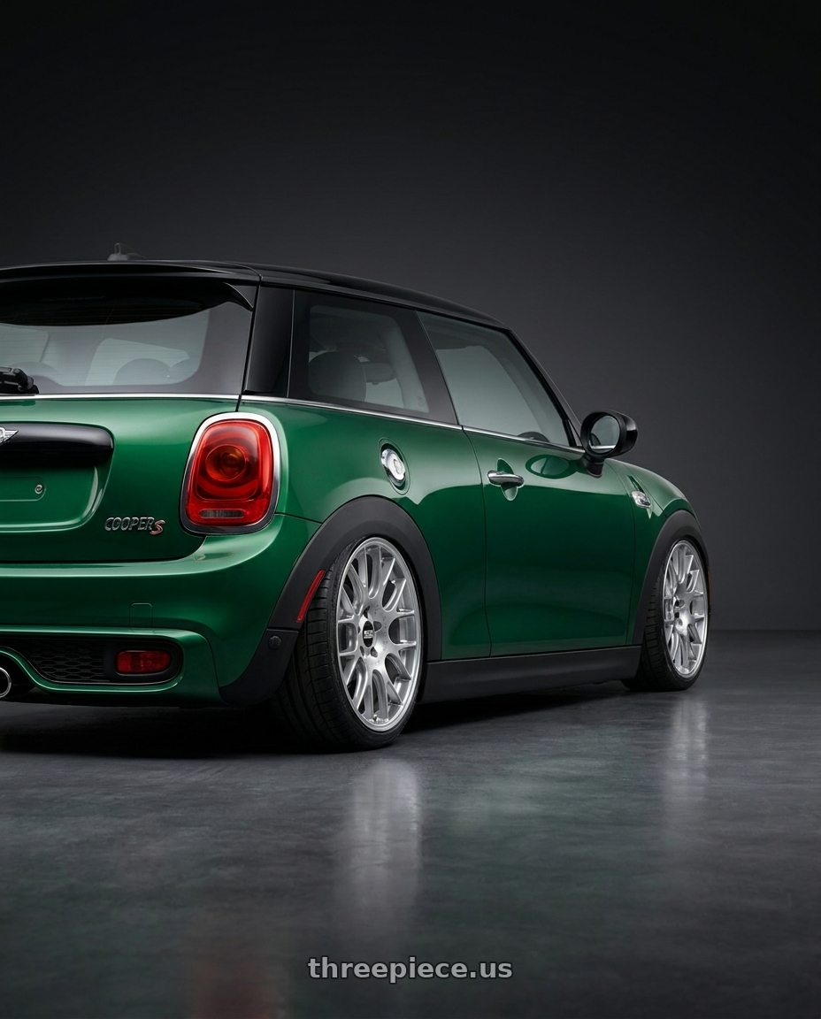 2018 Mini cooper s with BBS CH-R 5x112 18x8.5 +38 Brilliant Silver Polished Rim Protector wheels rear three quarter view slight stretch tires