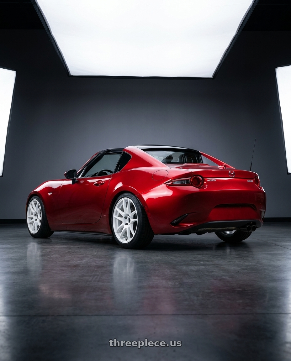 2024 mazda mx5 with Work Emotion Cr Kiwami 4x100 17x7 +38 White wheels rear three quarter view square tires