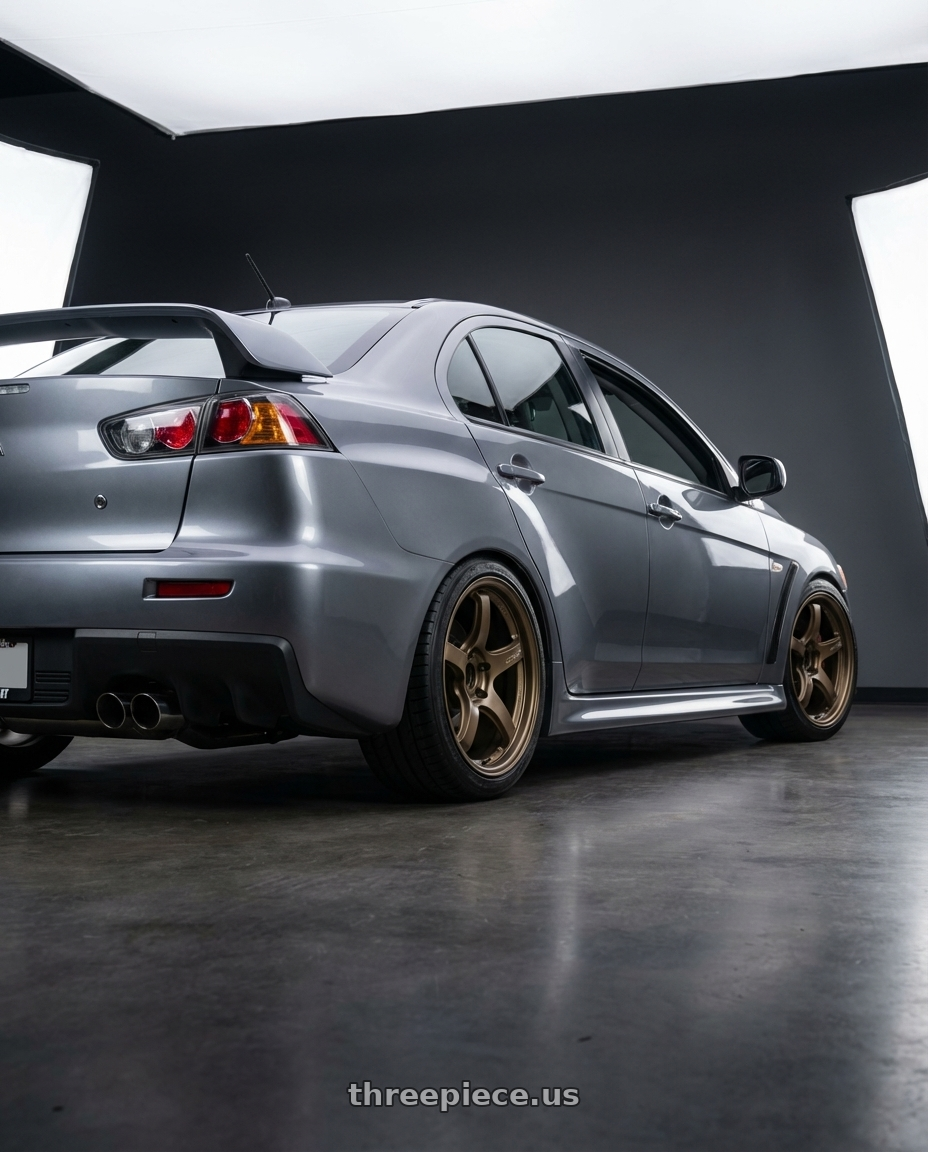 2014 Mitsubishi Lancer Ralliart with Gram Lights 57CR 5x114.3 18x10.5 +22 BRONZE 2 wheels rear three quarter view square tires