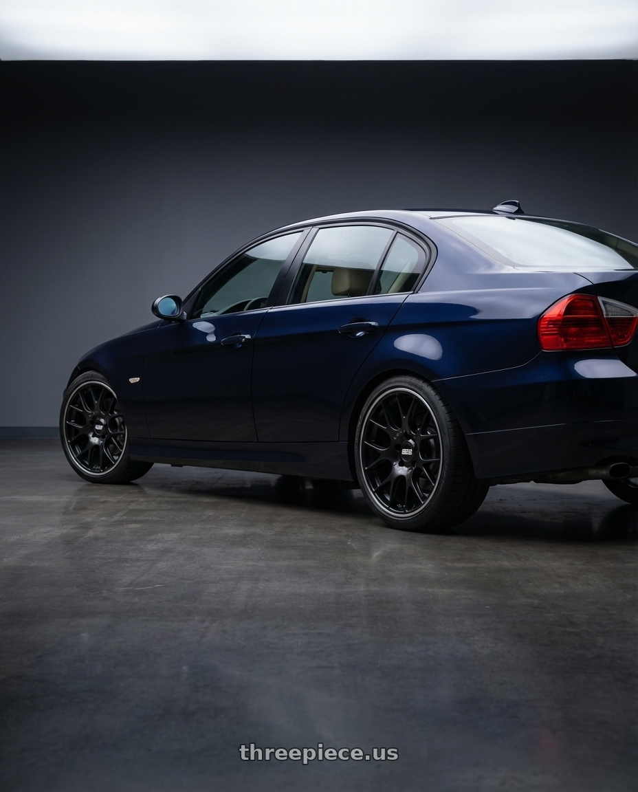 2006 BMW 325i Sedan Blue with BBS CH-R Center Lock 20x12 +44 Satin Black Polished Rim Protector wheels rear three quarter view meaty tires