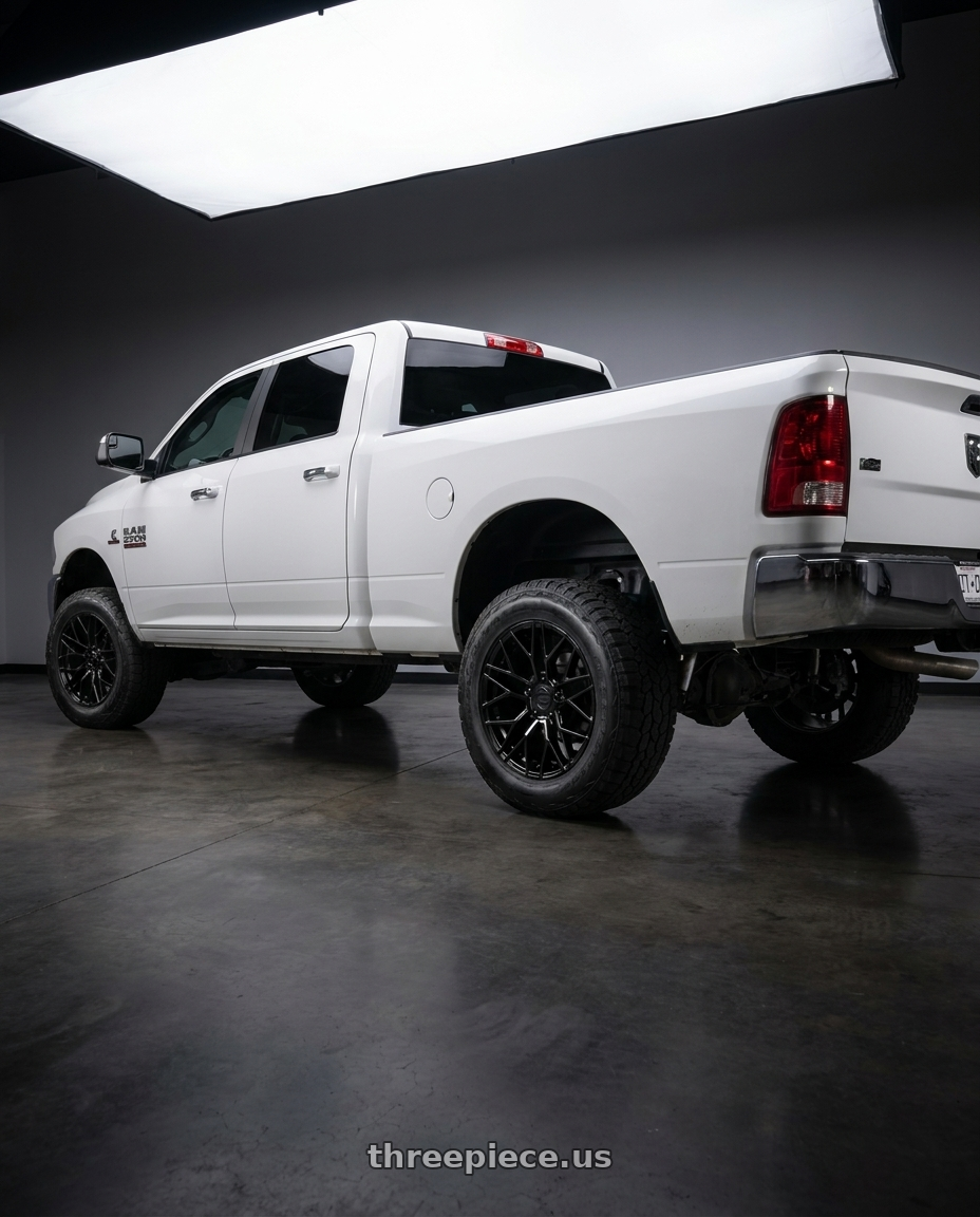 2012 ram 2500 Crew cab with KATANA RACING KR01 5x112 18x8 +40 Glossy Black wheels rear three quarter view meaty tires