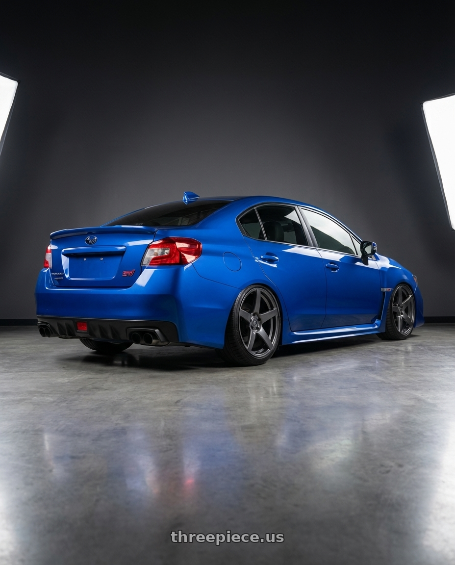 2013 Subaru WRX STI with Forgestar CF5 5x114.3 18x10 +42 Gloss Anthracite wheels rear three quarter view slight stretch tires