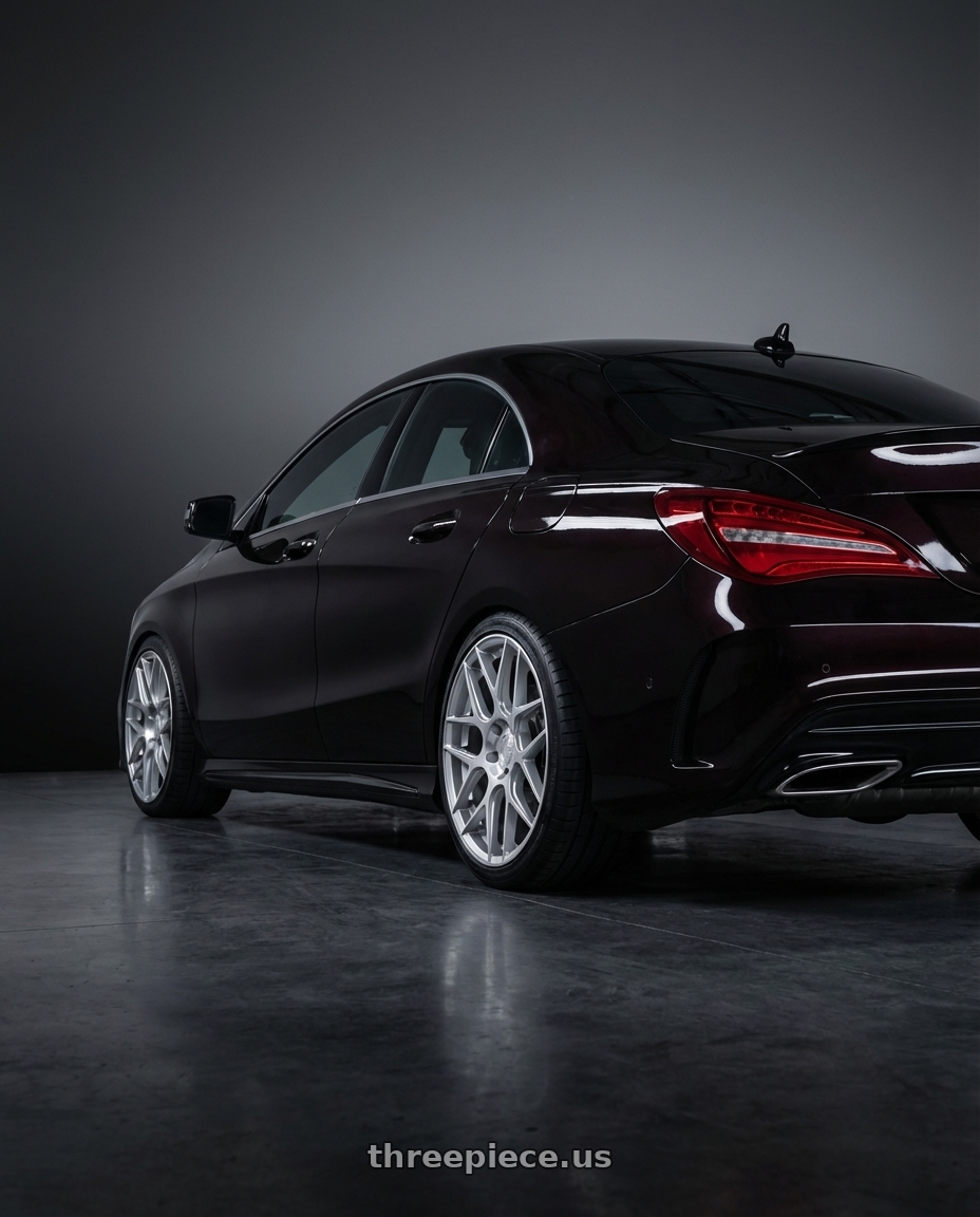 2018 Mercedes-Benz CLA C117 with Aodhan AFF2 5x112 19x8.5+35 Gloss Silver Machined Face wheels rear three quarter view square tires