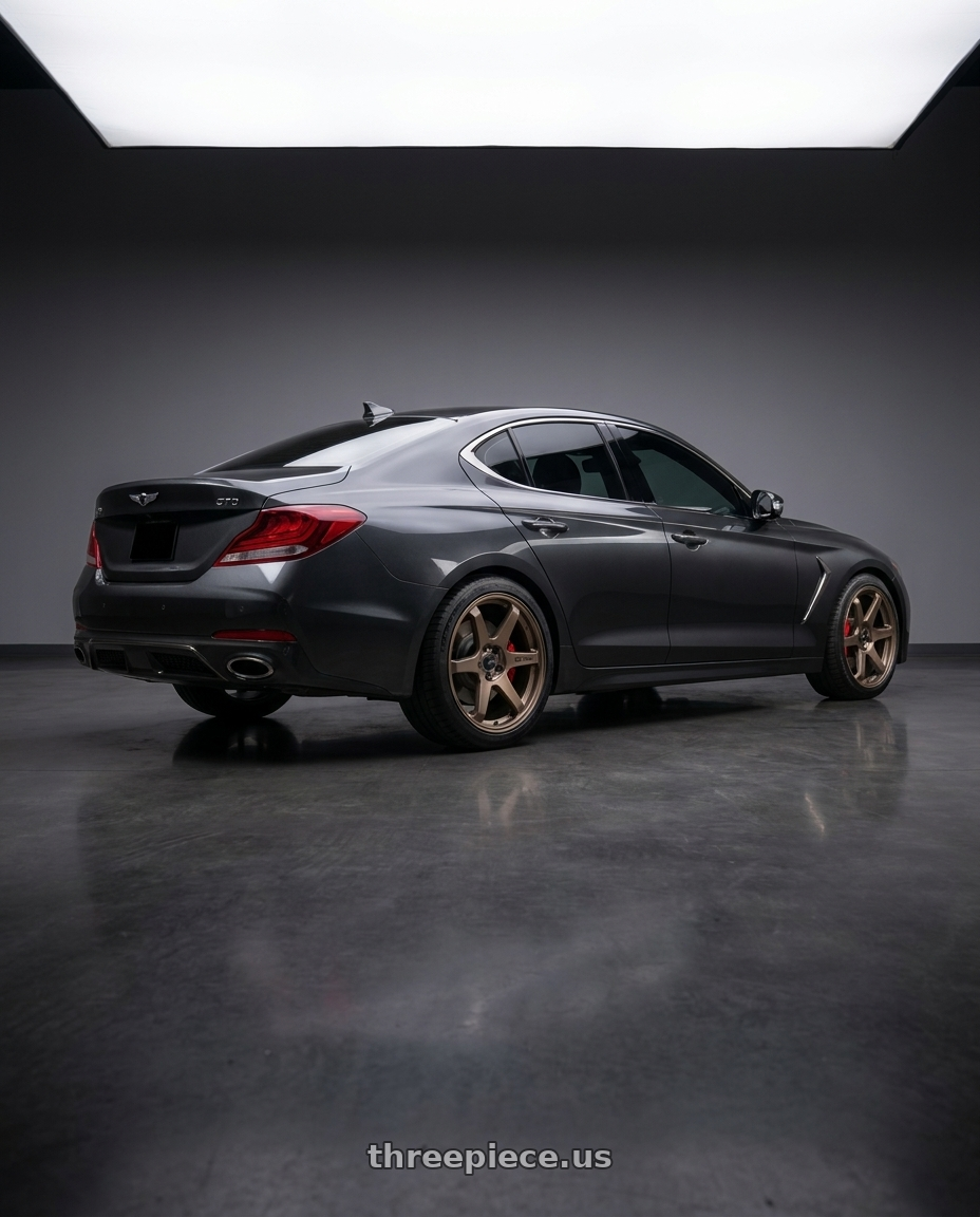 2019 Genesis G70 with Enkei T6R 5x114.3 17x8+40 Matte Bronze wheels rear three quarter view square tires