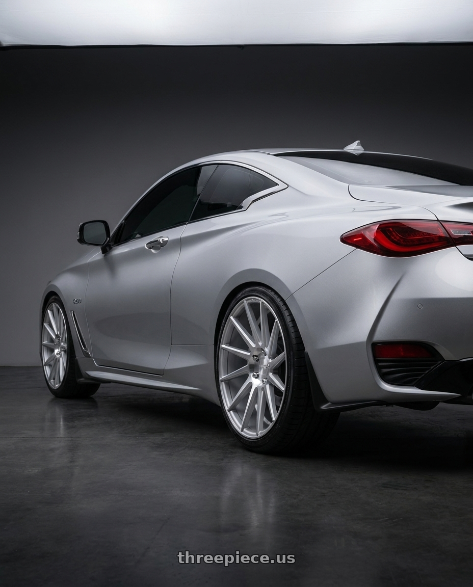 2020 Infiniti Q60 with Niche 1PC M112 SURGE 5X114.3 19X8.5 +35 GLOSS SILVER MACHINED wheels rear three quarter view square tires
