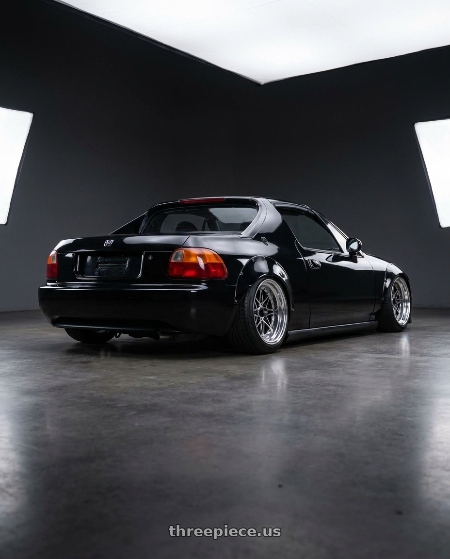 1993 Honda Del Sol Black with EQUIP 03 Black Polish 4x100 15x10.5 -37 wheels rear three quarter view slight stretch tires