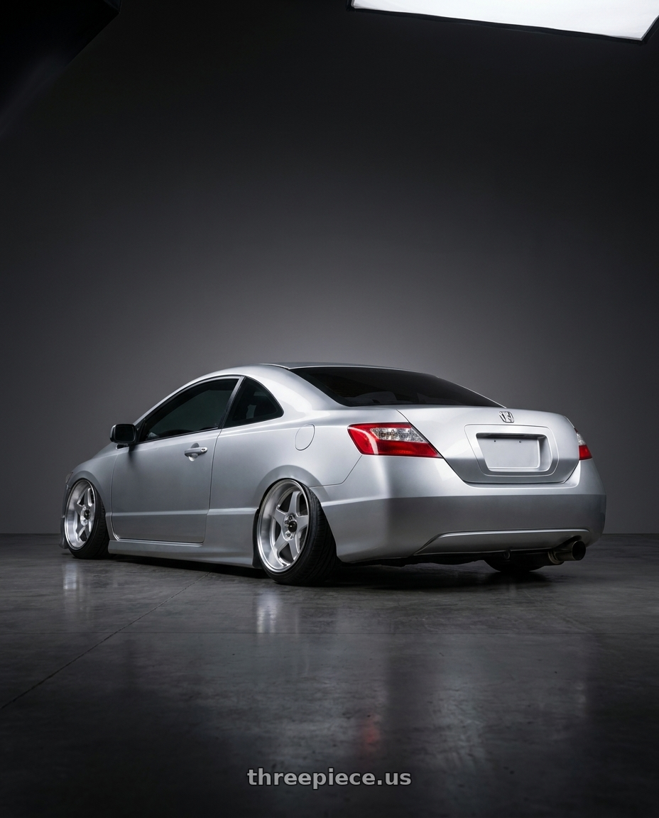 2007 Honda Civic with Vors SP1 5x100/5x114.3 17x8  +35 Silver Machine Face Lip wheels rear three quarter view extreme stretch tires