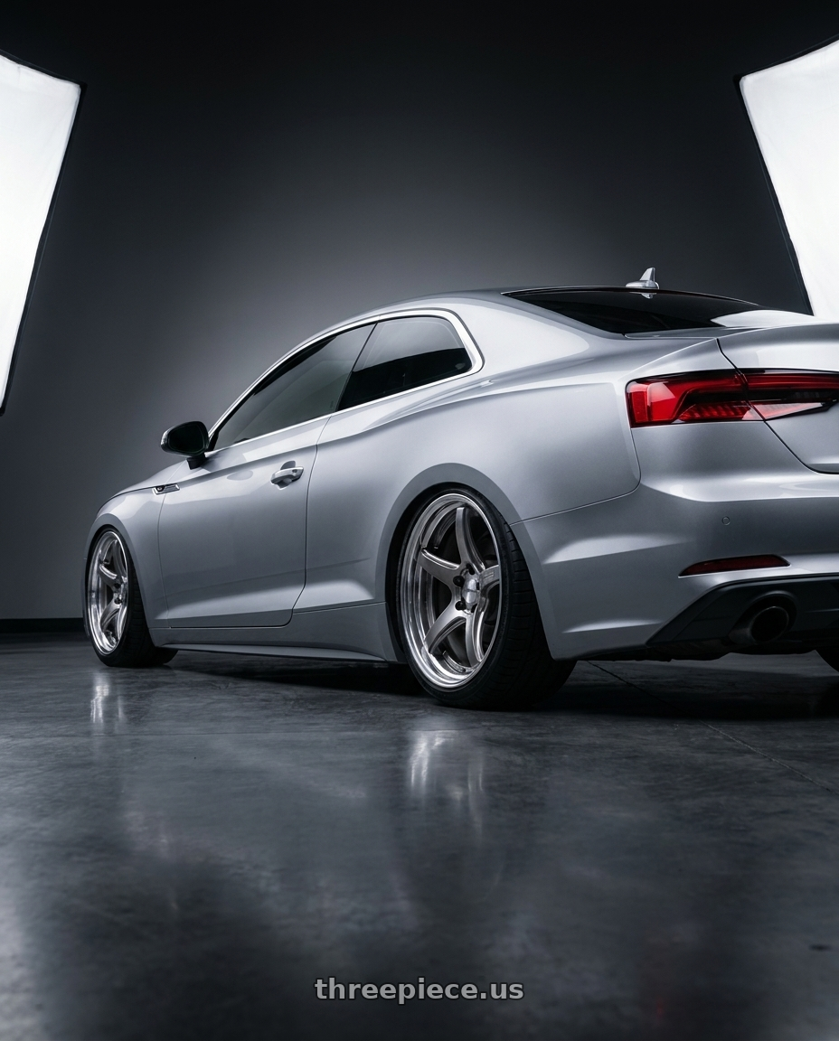 2018 Audi A5 with Work T5R 2P 5x112 19x8.5 +22 GT SILVER wheels rear three quarter view square tires