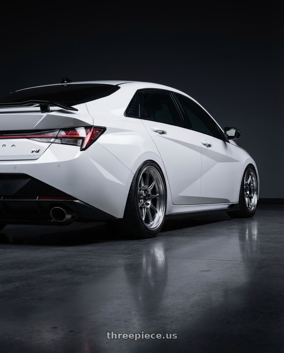 2024 Hyundai Elantra N with Konig Countergram 5x114.3 19x10+25 Hyper Chrome / Machined Lip wheels rear three quarter view slight stretch tires