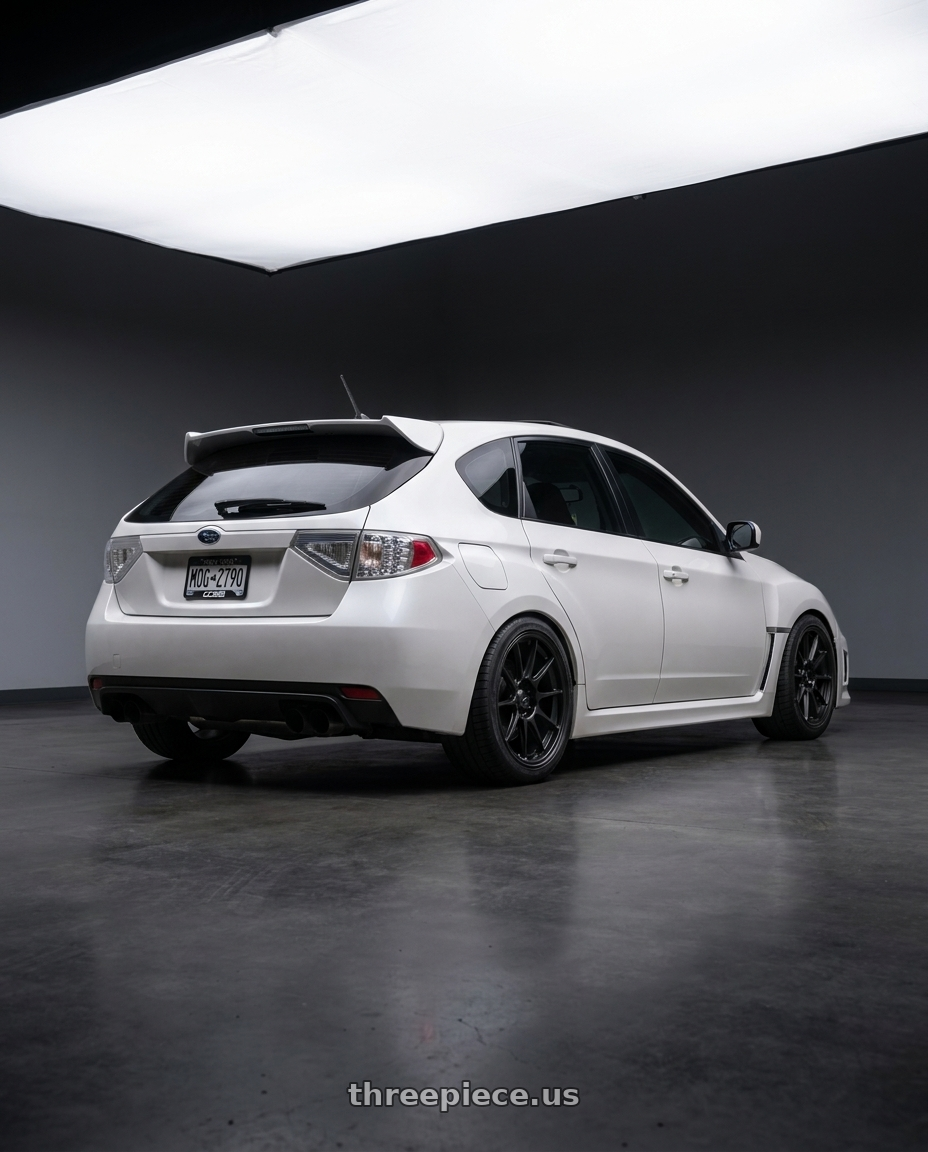 2012 Subaru Wrx Hatchback Pearl with Konig Dekagram 5x100 18x8.5+44 Semi-Matte Black wheels rear three quarter view slight stretch tires